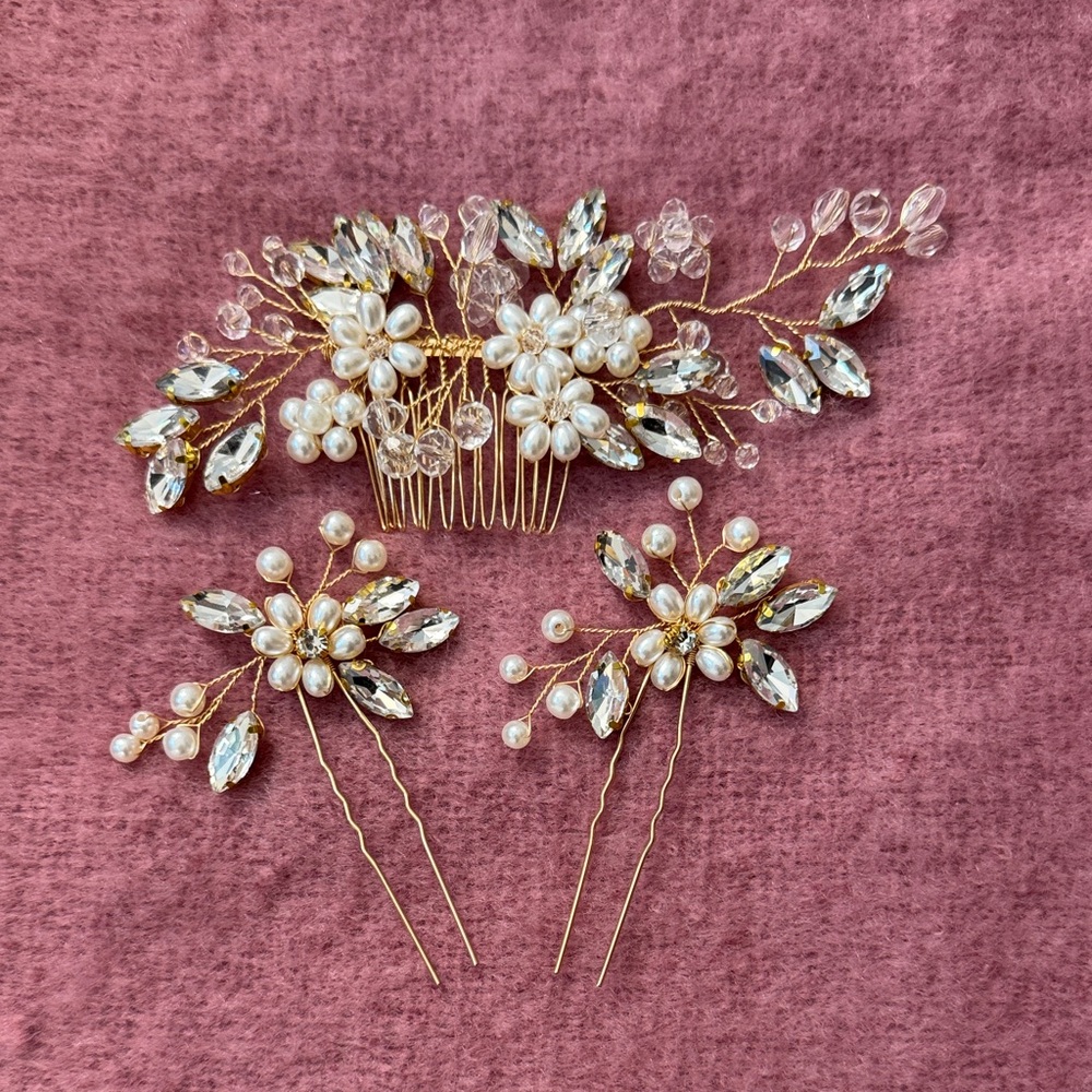 Gold Pearl & Crystal Floral Bridal Hair Comb and Pins - Ivory Pearls